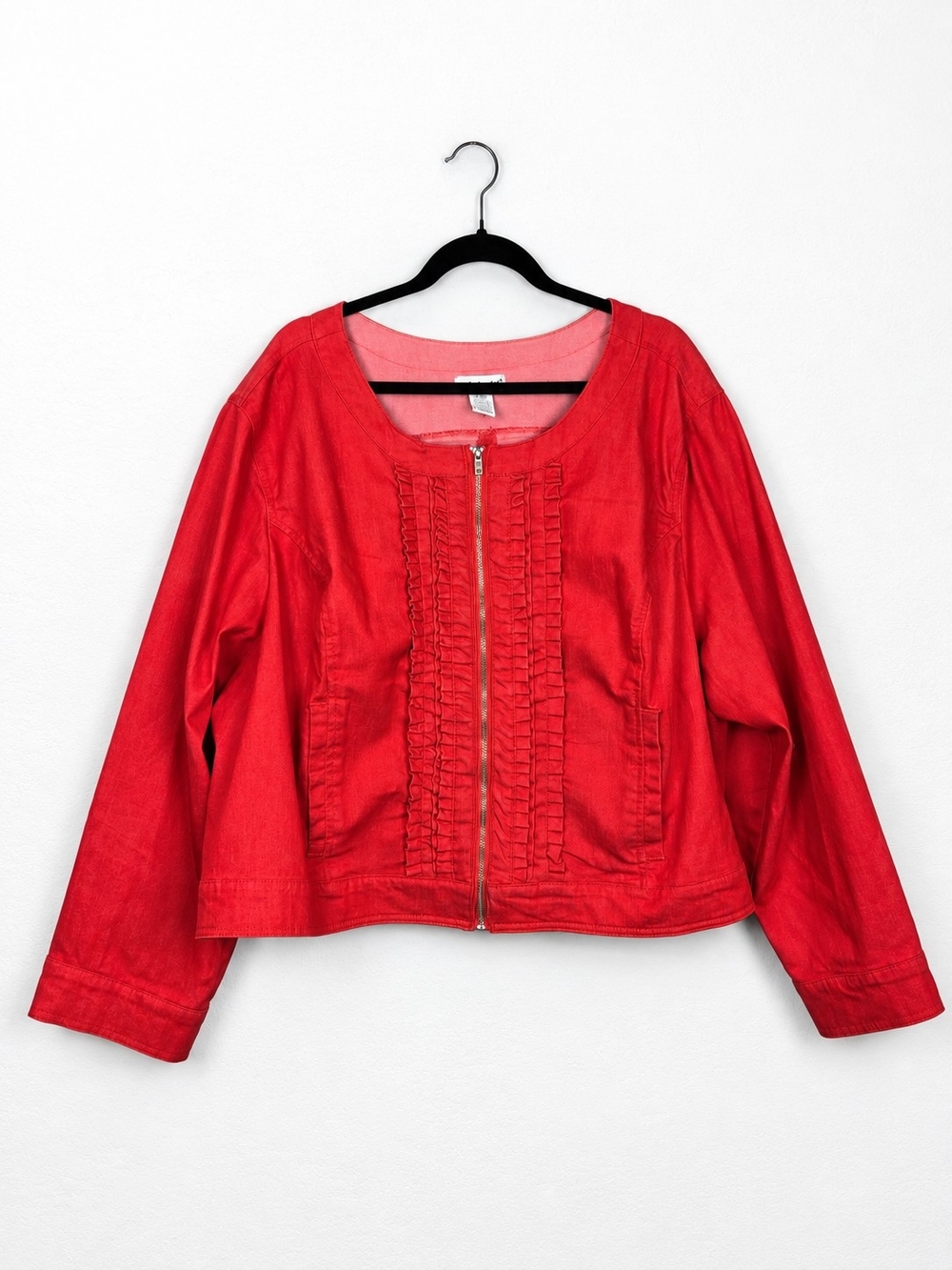 Jessica London 28W Red Denim Ruffle Zip Jacket Plus Size Y2K Romantic Boho Chic!